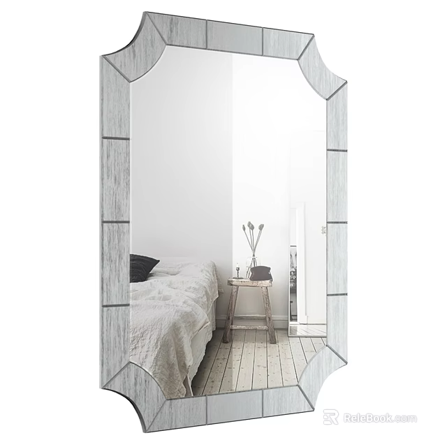 Decorative Wall Mirror in Modern Bedroom with Bedside Table and Vase 3d model 