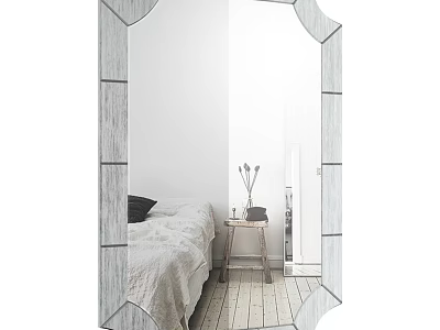 Decorative Wall Mirror in Modern Bedroom with Bedside Table and Vase 3d model