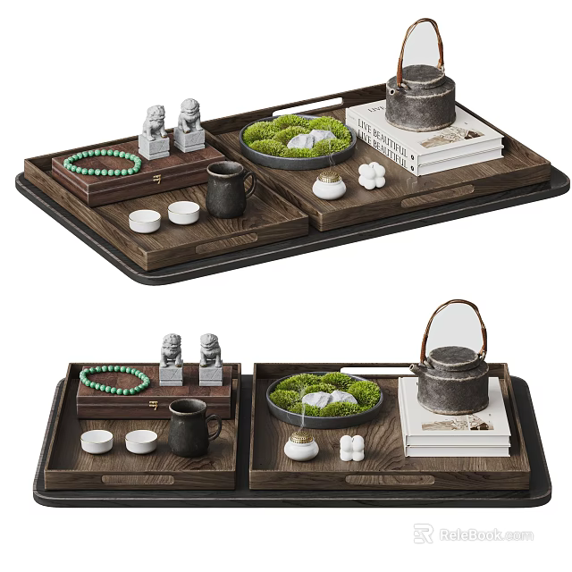 Traditional Tea Set Display On Wooden Tray With Teapot Cups Moss Miniature Figurines And Books 3d model 