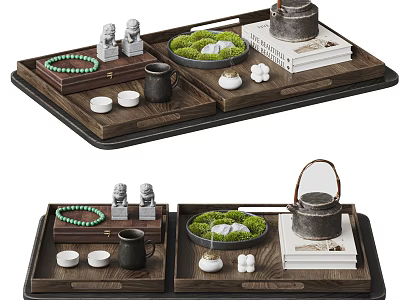 Traditional Tea Set Display On Wooden Tray With Teapot Cups Moss Miniature Figurines And Books 3d model