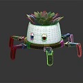 White Planter With Eye Patterns And Spider Like Legs Holding Succulent Plant
