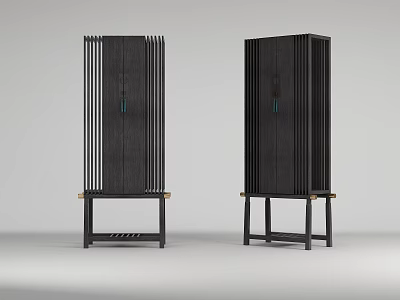 Dark Colored Decorative Cabinets With Vertical Stripes And Wooden Stands In Modern Design 3d model