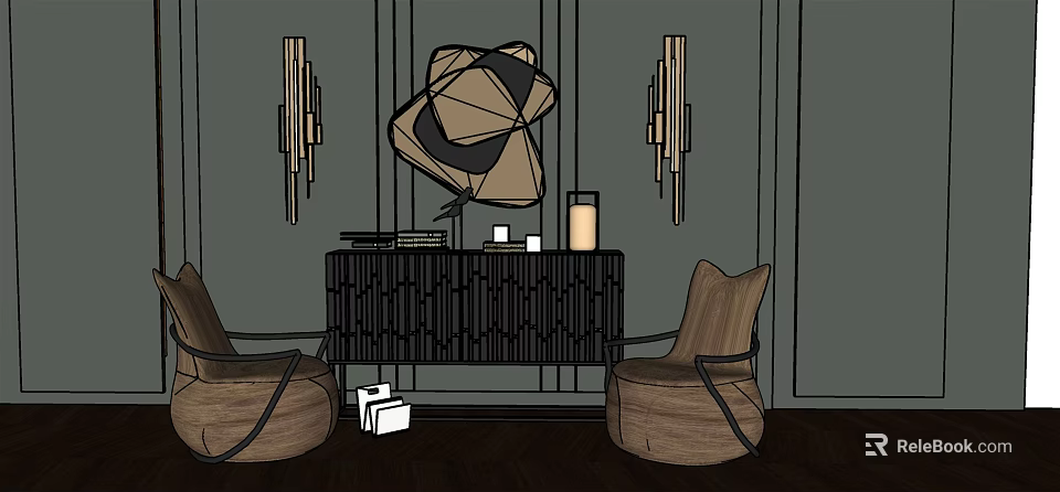 Elegant Living Room Sideboard With Decorative Ornaments Wall Lamps And Wooden Chairs 3d model 