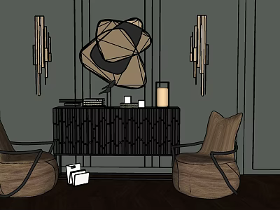 Elegant Living Room Sideboard With Decorative Ornaments Wall Lamps And Wooden Chairs 3d model