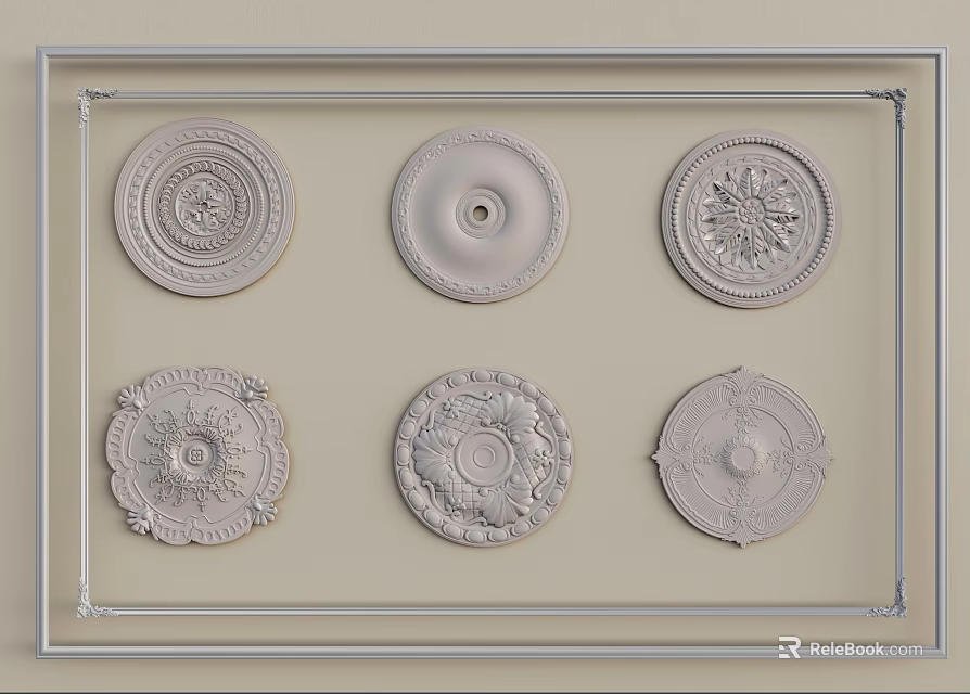 Elegant Carved Circular Wall Decor Plates In Light Frame For Home Decoration 3d model 