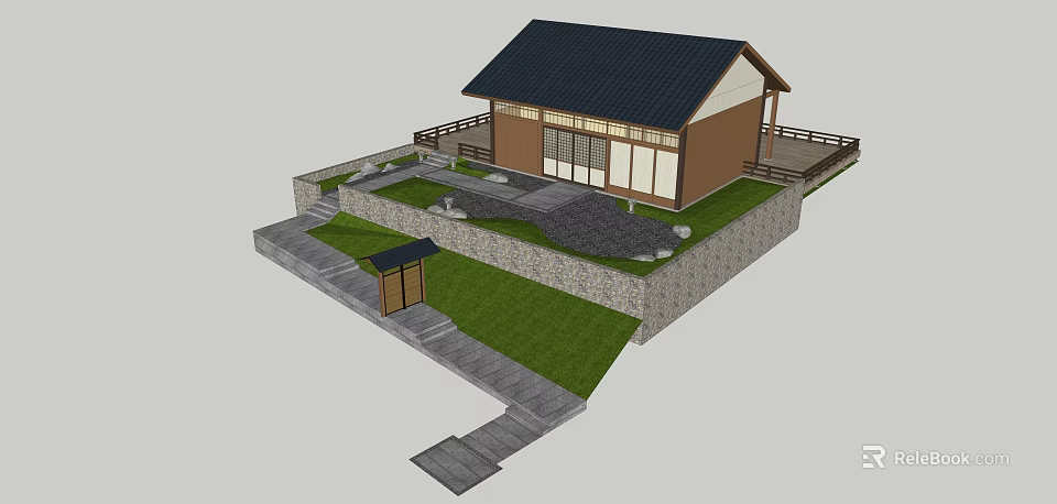 Traditional Japanese House Exterior With Black Roof Wooden Structure And Garden Stone Path 3d model 