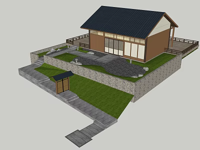 Traditional Japanese House Exterior With Black Roof Wooden Structure And Garden Stone Path 3d model