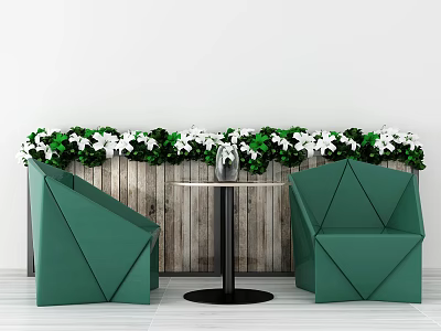 Green Geometric Chairs And Round Table Set Against Wooden Wall With Floral Decoration 3d model