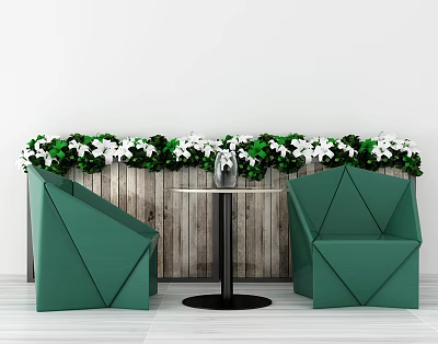 Green Geometric Chairs And Round Table Set Against Wooden Wall With Floral Decoration 3d model