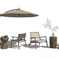 Stylish Outdoor Chairs With Rattan Design And Wooden Frame Including Umbrella Side Table And Plants