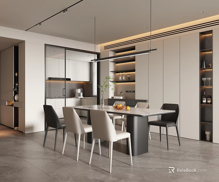 Modern Dining Room Interior With Dining Table Chairs Hanging Lights Plant And Cabinets 3d model 