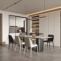Modern Dining Room Interior With Dining Table Chairs Hanging Lights Plant And Cabinets