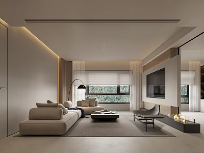 Minimalist Living Dining Room Interior With Beige Sofa Coffee Table Floor Lamp TV And Fireplace 3d model