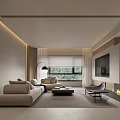 Minimalist Living Dining Room Interior With Beige Sofa Coffee Table Floor Lamp TV And Fireplace