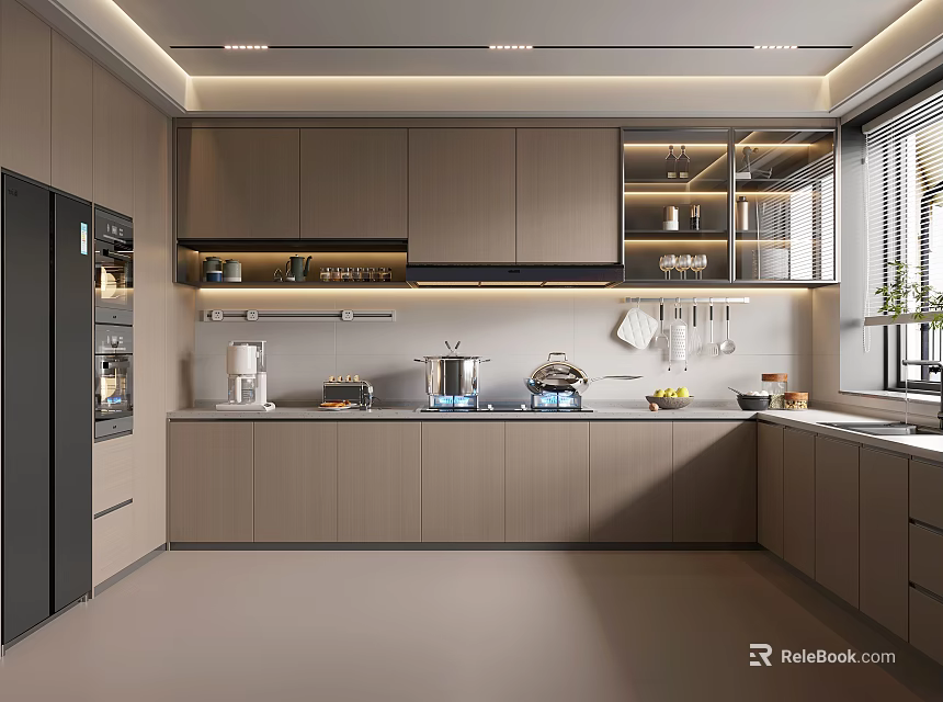 Modern Kitchen Interior With Upper Lower Cabinets Black Refrigerator Countertop Cookware Coffee Machine and Fruits 3d model 