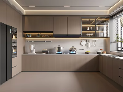 Modern Kitchen Interior With Upper Lower Cabinets Black Refrigerator Countertop Cookware Coffee Machine and Fruits 3d model