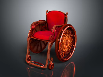 Classic Vintage Wooden Wheelchair With Red Seat And Ornate Carved Wheels 3d model