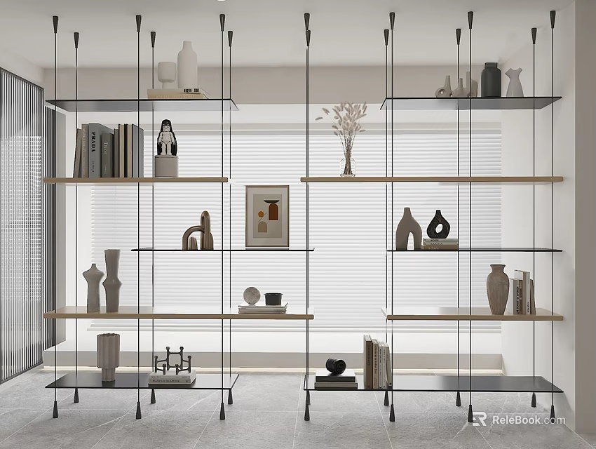 Modern Glass and Wooden Display Shelves with Decorative Vases Sculptures Books and Artworks 3d model 