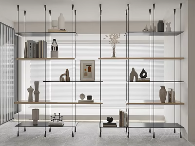Modern Glass and Wooden Display Shelves with Decorative Vases Sculptures Books and Artworks 3d model