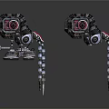 Mechanical Robotic Devices With Chains Cannons And Red Emblems On Metallic Structure 3d model