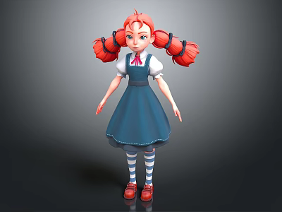 Game And Movie Character With Red Pigtails Blue Pinafore White Shirt Striped Socks Red Shoes 3d model