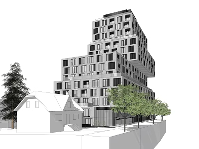 Modern Stacked Office Building With Multiple Windows And Surrounding Trees 3d model