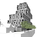 Modern Stacked Office Building With Multiple Windows And Surrounding Trees