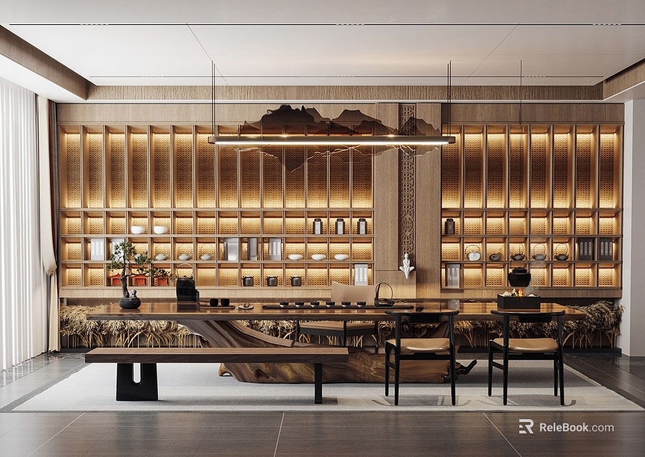 Serene Traditional Tea Room Interior With Wooden Bookshelves Long Table And Warm Lighting 3d model 