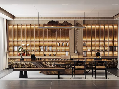 Serene Traditional Tea Room Interior With Wooden Bookshelves Long Table And Warm Lighting 3d model