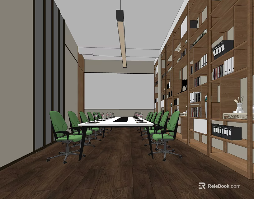 Modern Conference Room Interior With Long Table Green Chairs Large Screen And Wooden Bookshelves 3d model 