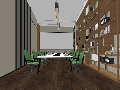 Modern Conference Room Interior With Long Table Green Chairs Large Screen And Wooden Bookshelves 3d model