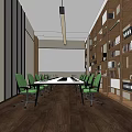 Modern Conference Room Interior With Long Table Green Chairs Large Screen And Wooden Bookshelves