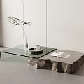 Contemporary Glass Top Coffee Table with Stone Base Tray Magazine and Fern