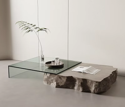 Contemporary Glass Top Coffee Table with Stone Base Tray Magazine and Fern 3d model