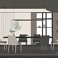 Modern Minimalist Dining Room With Rectangular Table Gray Chairs Linear Pendant Light And Potted Plant 3d model