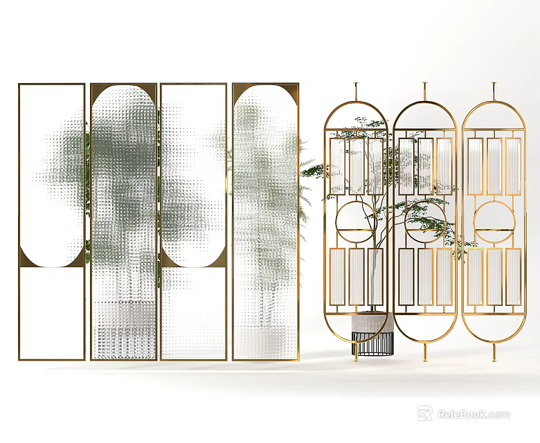 Decorative Room Dividers With Golden Metal Frame And Geometric Patterns With Green Plants 3d model 