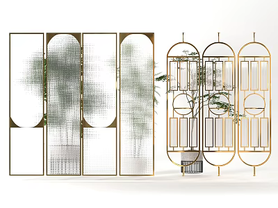 Decorative Room Dividers With Golden Metal Frame And Geometric Patterns With Green Plants 3d model