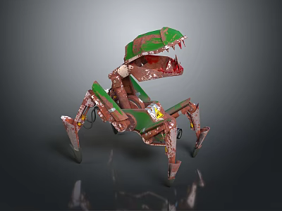 Game and Movie Character Mechanical Dinosaur with Green Brown Body Open Mouth and Robotic Legs 3d model