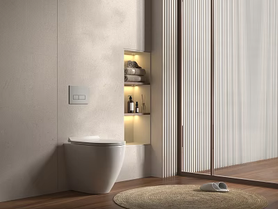 Modern Bathroom Interior With Wall Hung Toilet Built in Shelves LED Lighting and Round Rug 3d model