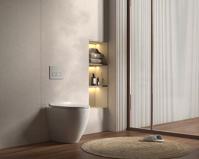 Modern Bathroom Interior With Wall Hung Toilet Built in Shelves LED Lighting and Round Rug 3d model