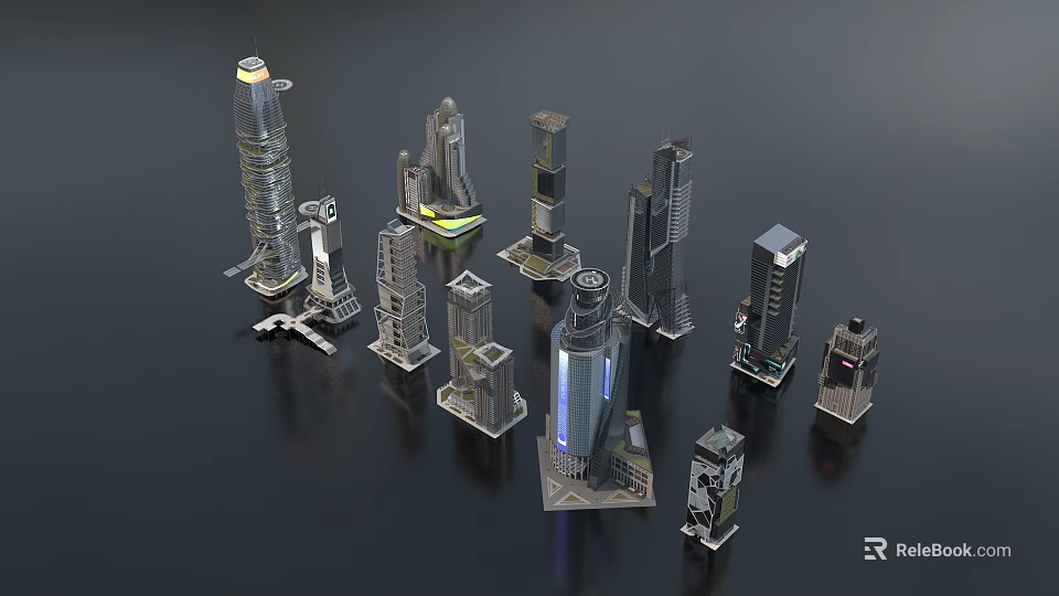 Various Modern Skyscraper Architecture Models With Glass Facades And Unique Structures 3d model