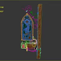 Stained Glass Window Design With Wooden Frame And Wrought Iron Scrollwork
