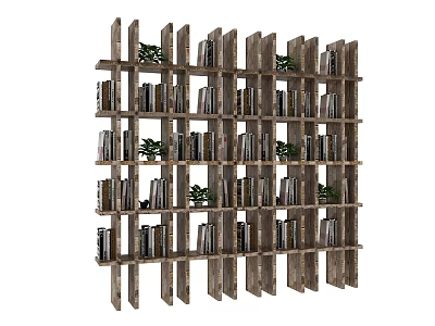 Modern Wooden Lattice Bookcase With Layered Shelves Books And Green Plants 3d model