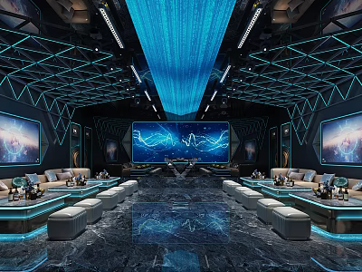 Modern KTV Interior Design With Blue Lighting Large Screens And Comfortable Sofa Seating 3d model
