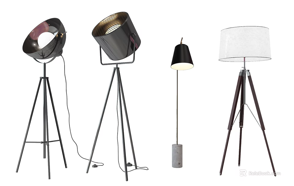 Modern Floor Lamps With Tripod Bases And Various Lampshade Designs 3d model 