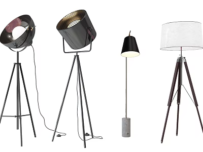 Modern Floor Lamps With Tripod Bases And Various Lampshade Designs 3d model