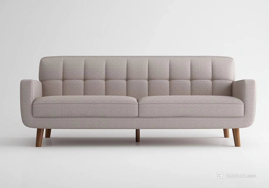Light Gray Double Sofa With Square Tufted Backrest And Wooden Legs 3d model