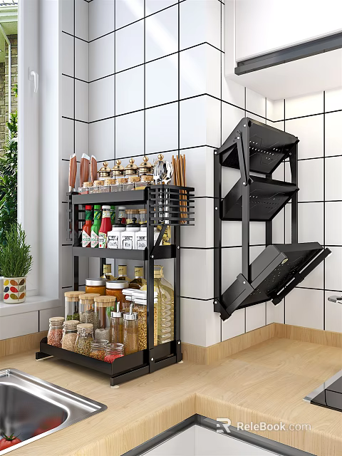 Black Multi Tier Bathroom Cabinet Rack With Wall Mounted Foldable Storage For Kitchen Supplies 3d model 