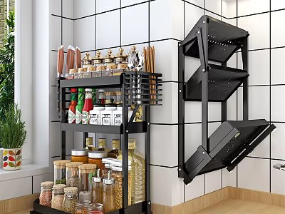 Black Multi Tier Bathroom Cabinet Rack With Wall Mounted Foldable Storage For Kitchen Supplies 3d model