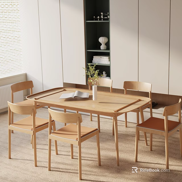 Natural Wooden Dining Table Set With Six Chairs Potted Plant Open Book And Bookshelf 3d model 